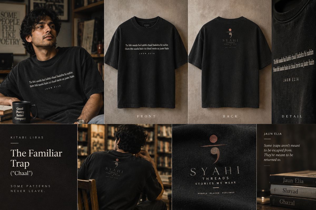The Familiar Trap Chaal Faded Iron Black boxy tee realistic Syahi Threads editorial lookbook