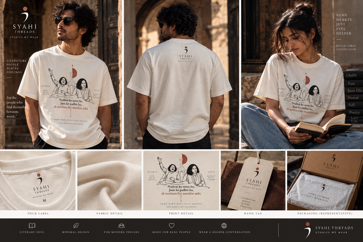 Nusrat Jaun literary T-shirt — cinematic lifestyle and fabric detail lookbook for Syahi Threads