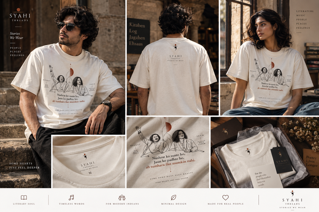 Nusrat Jaun literary T-shirt — realistic lifestyle model product photography for Syahi Threads