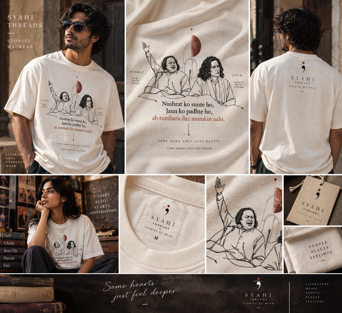 Nusrat Jaun literary T-shirt — realistic editorial product lookbook for Syahi Threads