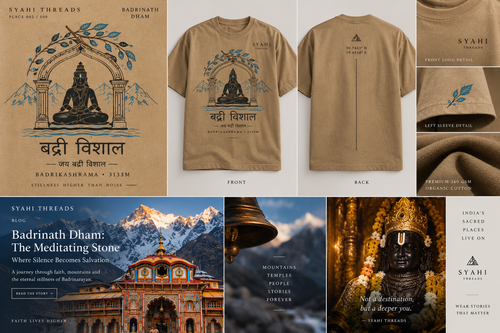 Badrinath Dham Badrinarayan meditating stone devotional t-shirt artwork by Syahi Threads