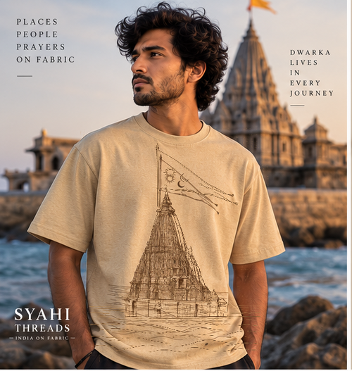 Dwarkadhish The Fifty-Two Yards front model mockup using the exact approved master artwork by Syahi Threads