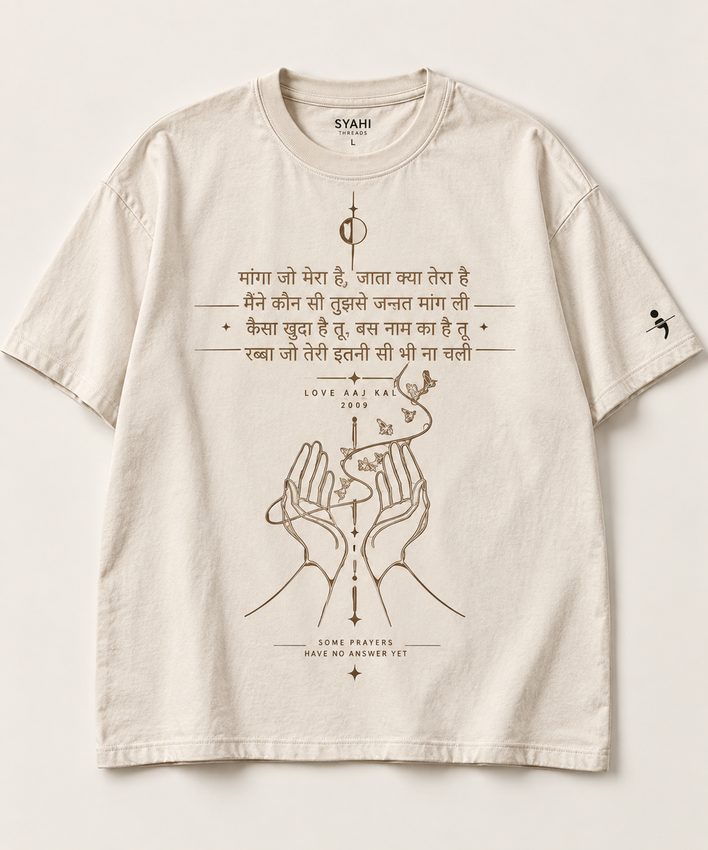 Love Aaj Kal 2009 Syahi Threads prayer artwork T-shirt studio flat lay