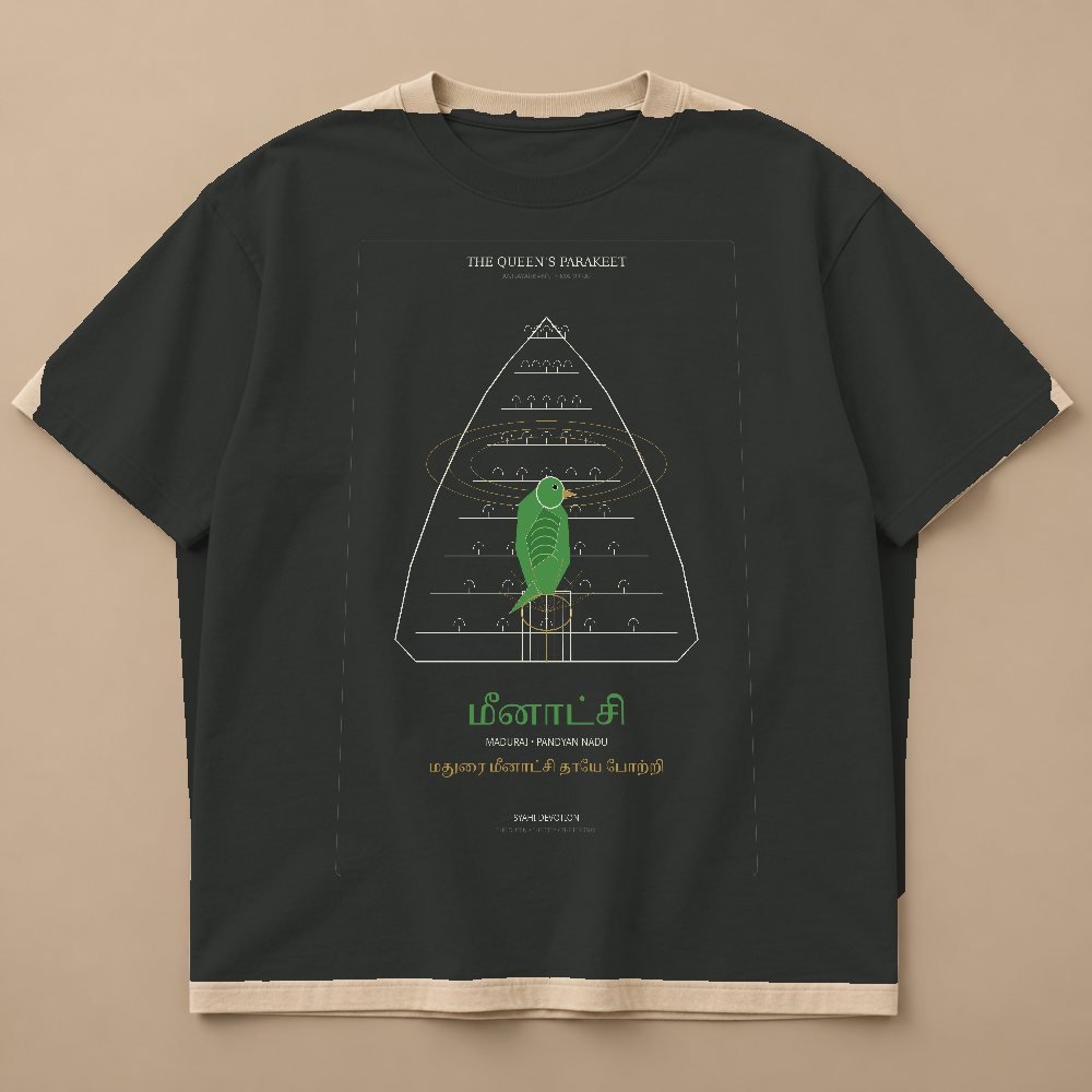Meenakshi The Queen's Parakeet front flat mockup using the exact approved master artwork