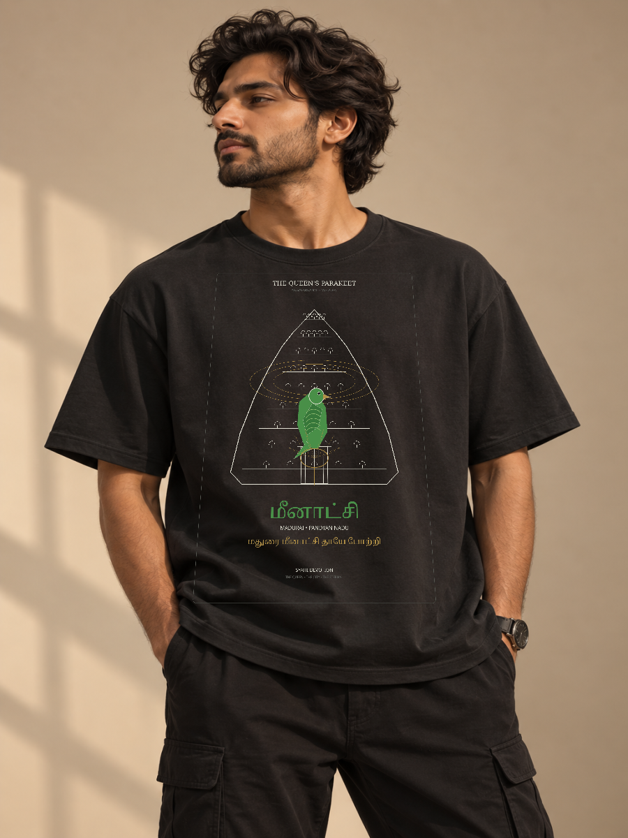 Meenakshi The Queen's Parakeet front model mockup using the exact approved master artwork