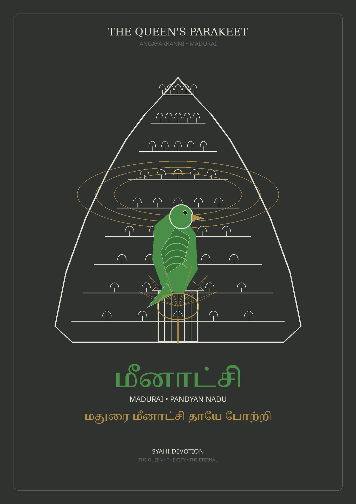 Meenakshi The Queen's Parakeet approved master devotional artwork by Syahi Threads